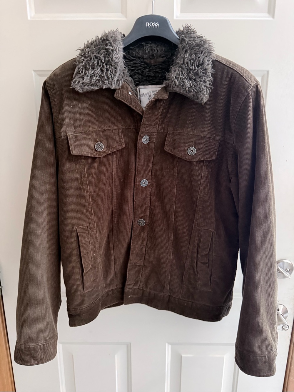 Aeropostale Brown Corduroy Bomber Jacket with Gray Faux Fur Collar